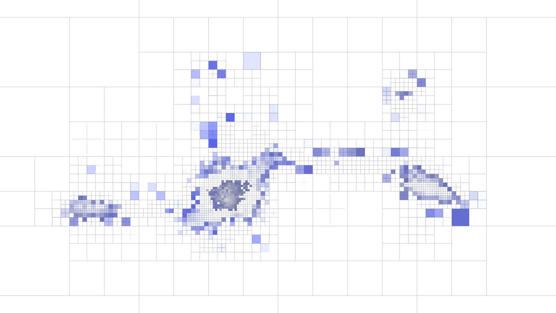 A pale blue field of agent populations gathering into organic, map-like forms